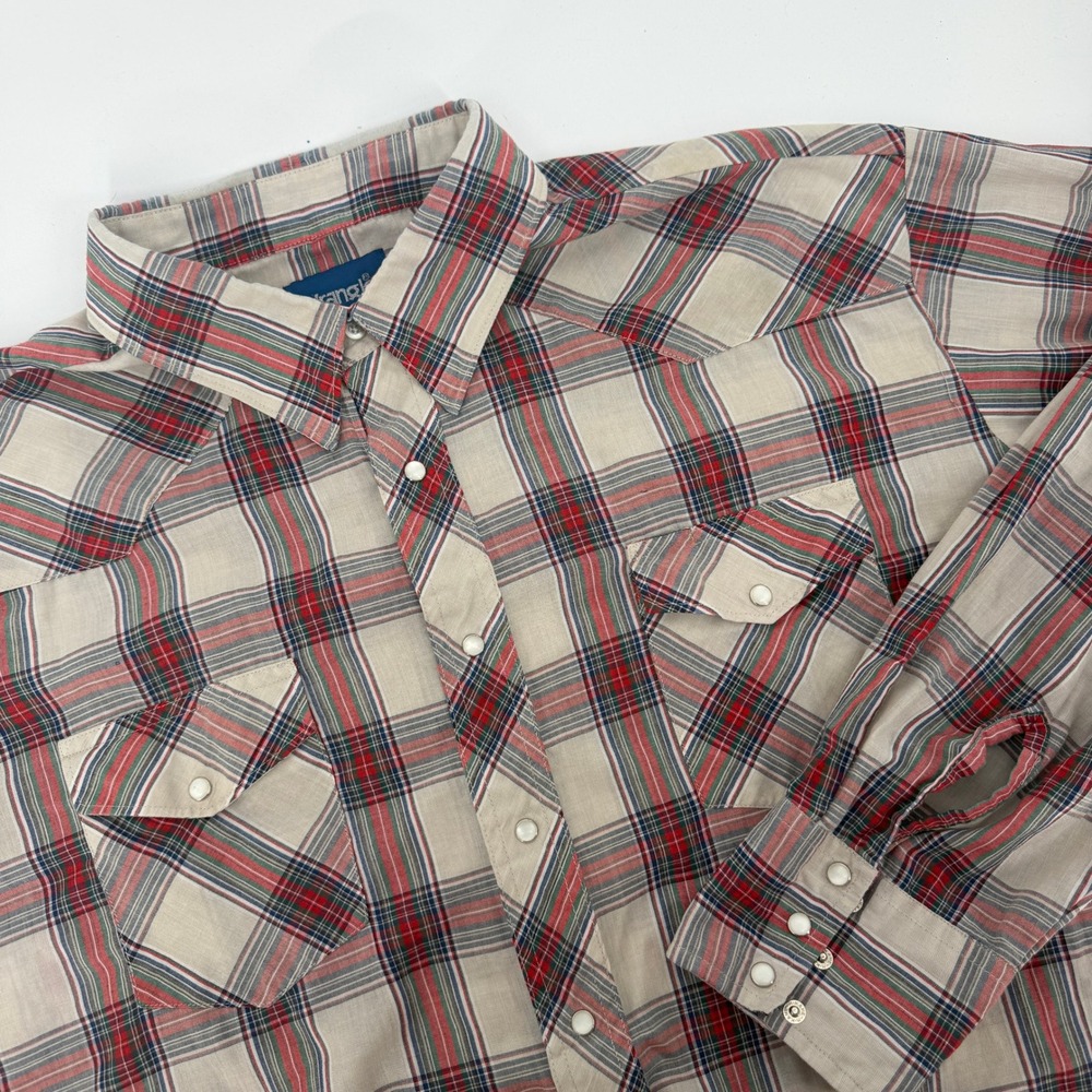 Wrangler Western Shirt Men 3XL Plaid Pearl Snap Long Sleeve Red Green Tan Cowboy